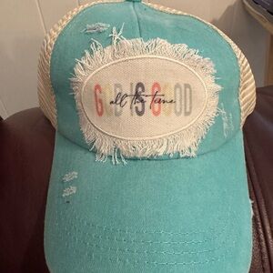 Teal Distressed Cap with Beige Mesh